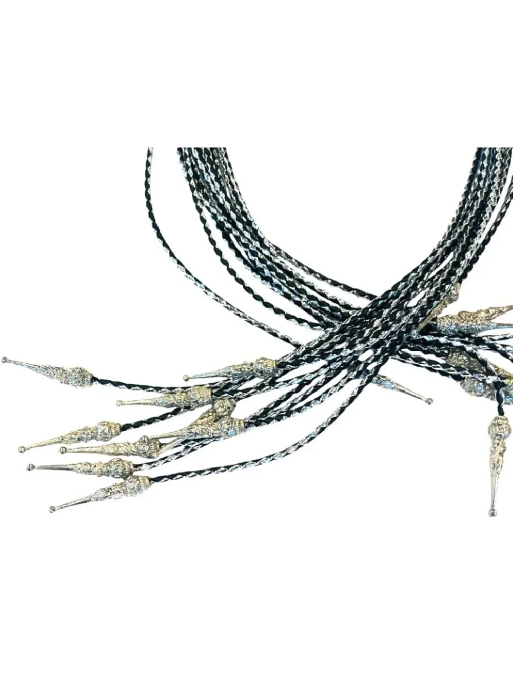 Silver and Black Corded Bolo Tie Strings with Decorative Tips - 36